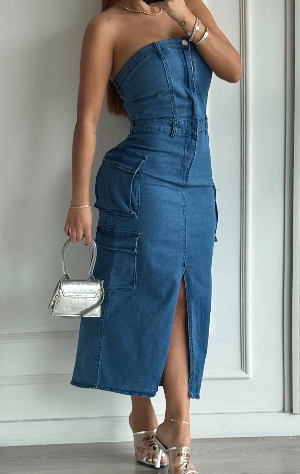 vestido en jean strapless largo