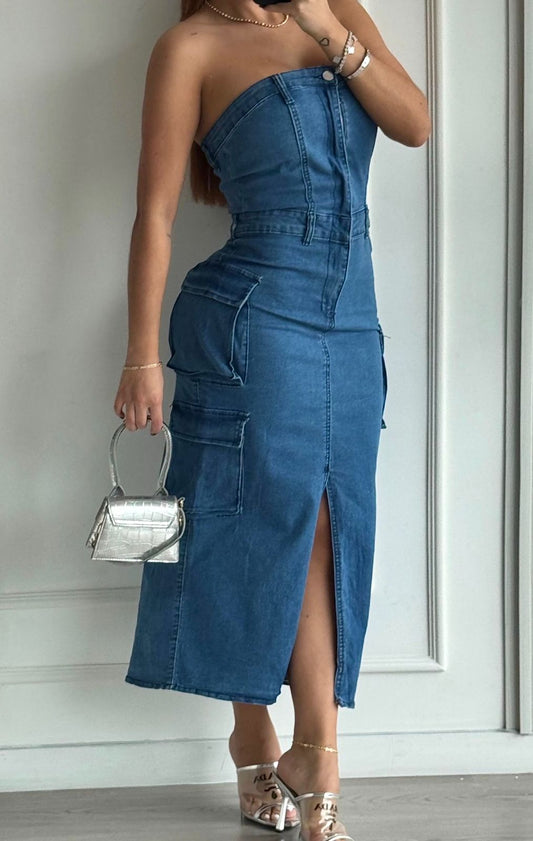 vestido en jean strapless largo